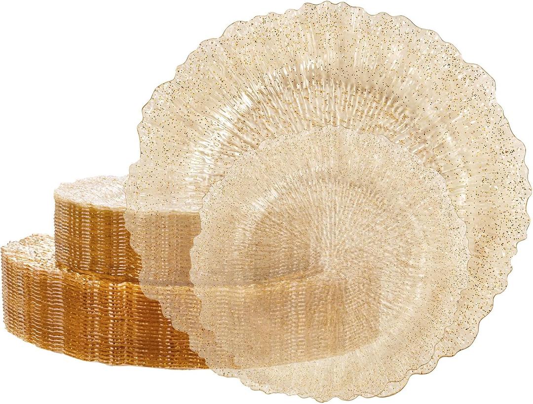 U-QE 60PCS Gold Plates for Party - Gold Plastic Plate Disposable & Reusable - Gold Glitter Heavy Duty Plastic Plates for Party & Wedding Including 30 Dinner 10" & 30 Dessert Plate 7"