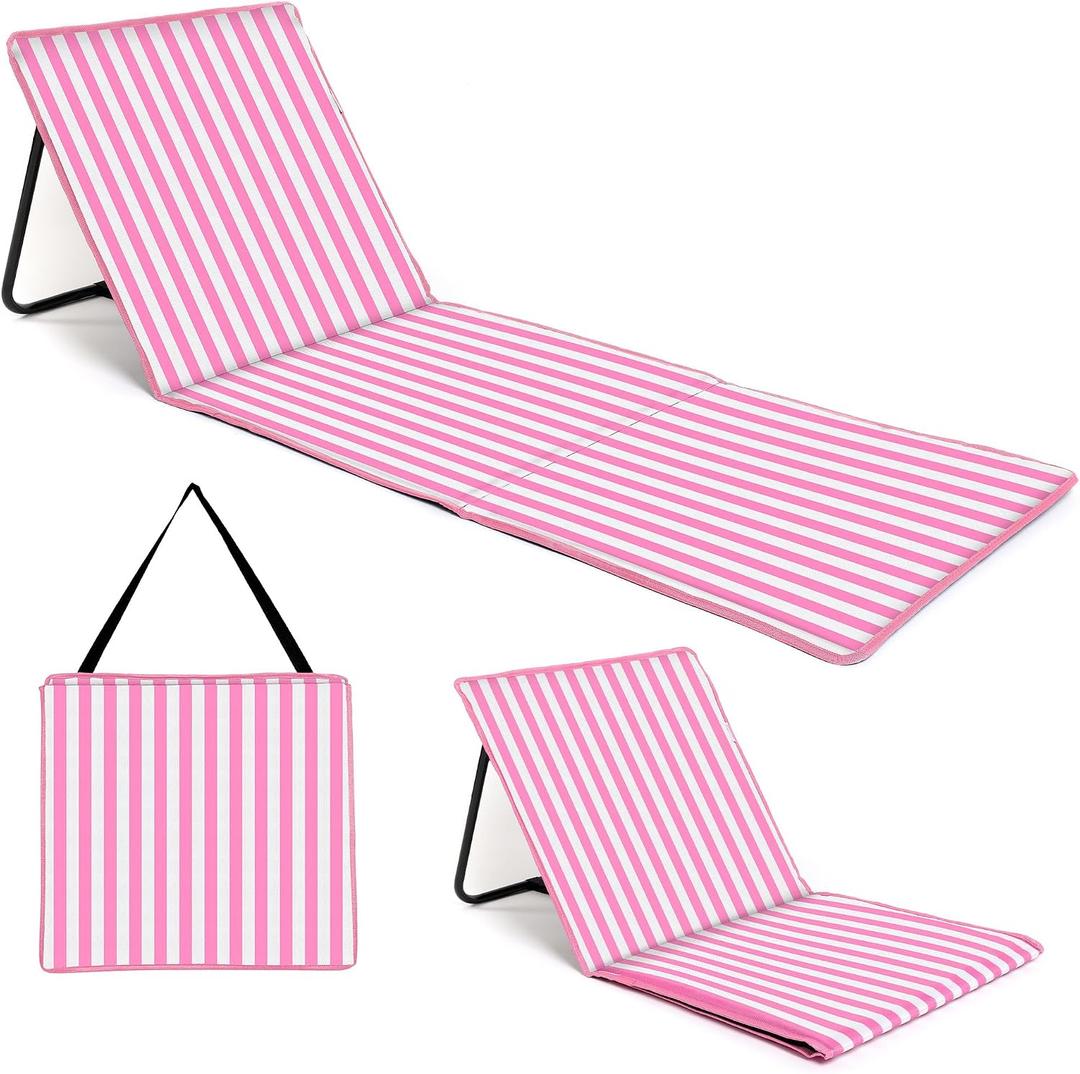 just be... Beach Chair with Backrest, Foldable Lightweight Reclining Beach Mat, Portable Padded Lounge Seat with Carry Strap & Zip Pocket – Pink Stripes, 60 x 20 x 1.7in