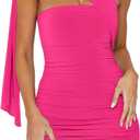 oten Women's Tube Dress with Scarf Tight Ruched Bodycon Short Club Y2k Night Out Party Mini Dresses (Medium, Hot Pink)
