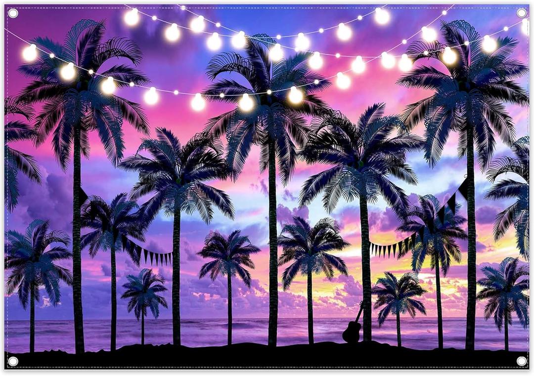 Fabric 7x5ft Purple Summer Seaside Sunset Backdrop Hawaii Beach Palm Trees Tropical Photography Background Luau Party Decorations Kids Adults Photo Banner Booth