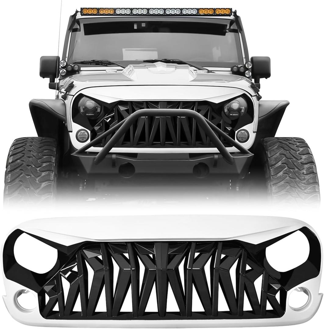 Front Grill Shark Grille Compatible with 2007-2018 Jeep Wrangler Rubicon Sahara Sport JK JKU, White and Black