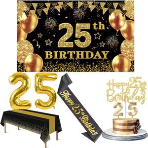 25th Birthday Decorations Men Women with 25th Birthday Banner, Black and Gold Table Cloth, Number Balloons, Large Sash, Cake Topper and Candles