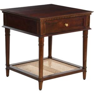 Creative Co-Op Maxwelton Solid Wood End Table with Drawer and Woven Cane Storage Shelf, Dark Chestnut and Natural, 24 x 24 x 25 inches