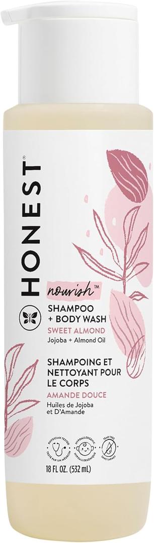 The Honest Company 2-in-1 Cleansing Shampoo Body Wash Gentle for Baby, Naturally Derived Tear-free, Hypoallergenic, Sweet Almond Nourish, 18 Fl Oz