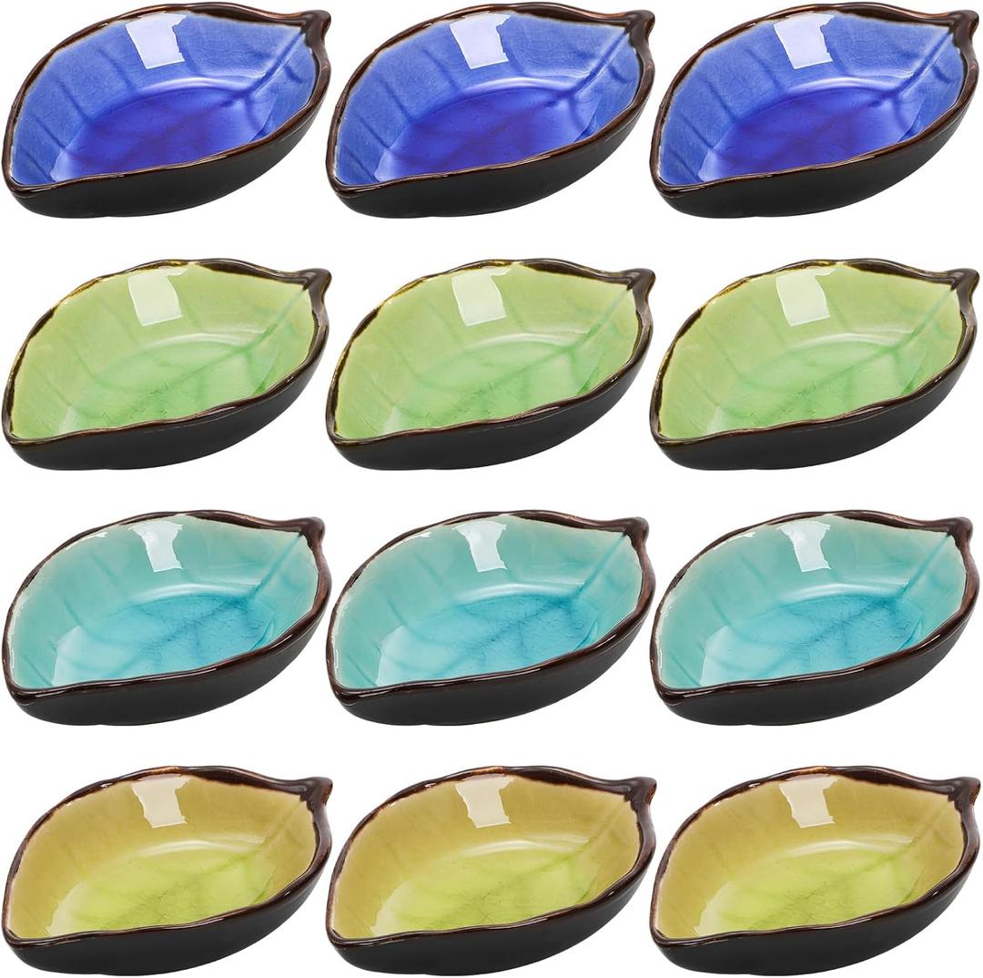 Jucoan 12 Pack Ceramic Soy Sauce Dish, 4 Inch 2 Oz Leaf Shape Small Sauce Dish Salsa Dipping Bowls for Charcuterie Board, Taco, Party, Mini Pinch Bowl for Sushi Oil Vinegar Ketchup Paste Jam