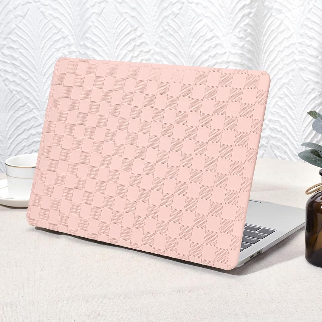 Seorsok Compatible with MacBook Air 13 Inch Case2022 2021 2020 2019 2018 Release A1932 A2179 M1 A2337,Elegant Leather Plastic Hard Shell Case Transparent Keyboard Cover,Pink PVC Grid No Logo Cutout