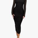 REORIA Women's Fall Mesh Long Sleeve Midi Ruched Bodycon Dress Mock Neck Elegant Club Evening Party Cocktail Dresses, M