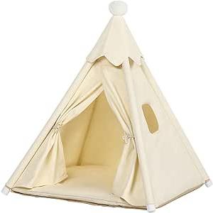 Bunny & Tiny Cat & Tiny Dog Teepee Tent House (Int 16x16x16in/Ext 18x18x21in) for Mini Chihuahua, Yorkie, Maltese, Puppy, Rabbit, Kitty Kitten, Guinea Pig, Chinchilla, Cotton Canvas & Stable Frame