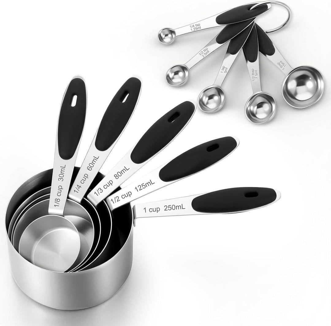 Stainless Steel Measuring Cups and Spoons Set of 10 Measuring Cups and Magnetic-Measuring Spoons Nesting Metal Measuring-Cups Set Soft Silicone Handles for Dry and Liquid Ingredients Cooking