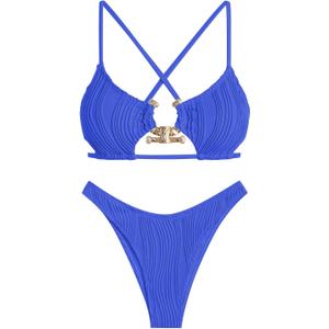 ZAFUL Women's Sexy Cutout Bikini Set High Cut Textured Metal Ring Cheeky Swimsuit Two Piece Bathing Suit