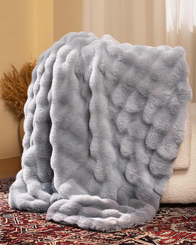 Ultra Soft Cozy Faux Fur Throw Blanket, Fuzzy Plush Thick Bubble Blanket, Oversize Luxury Fluffy Blanket for Couch, Sofa, Bedroom, and Living Room, 50x60 Inches,
