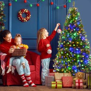 Goplus 6FT Pre-Lit Artificial Christmas Tree Auto-Spread/Close up Branches 11 Flash Modes with Multicolored 350 LED Lights & Metal Stand (Green)