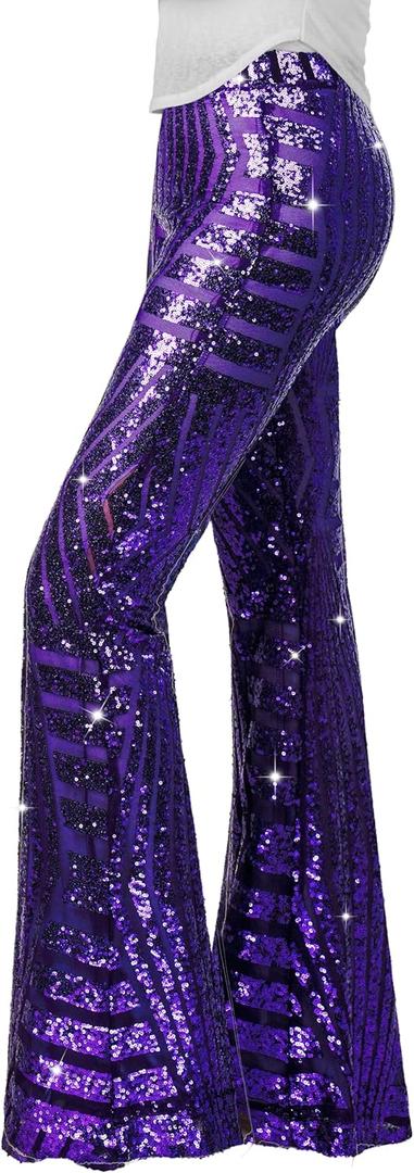 Nawgut Sequin Flare Pants Sparkly Glitter High Waisted Bell Bottom Trousers Disco Party Clubwear for Women (S)