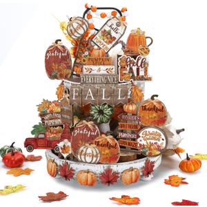 BBTO Set of 15 Thanksgiving Fall Tiered Tray Decor Pumpkins Farmhouse Decor Autumn Maple Leaf Table Centerpieces Harvest Wood Blocks Signs for Home(Pumpkin Style)