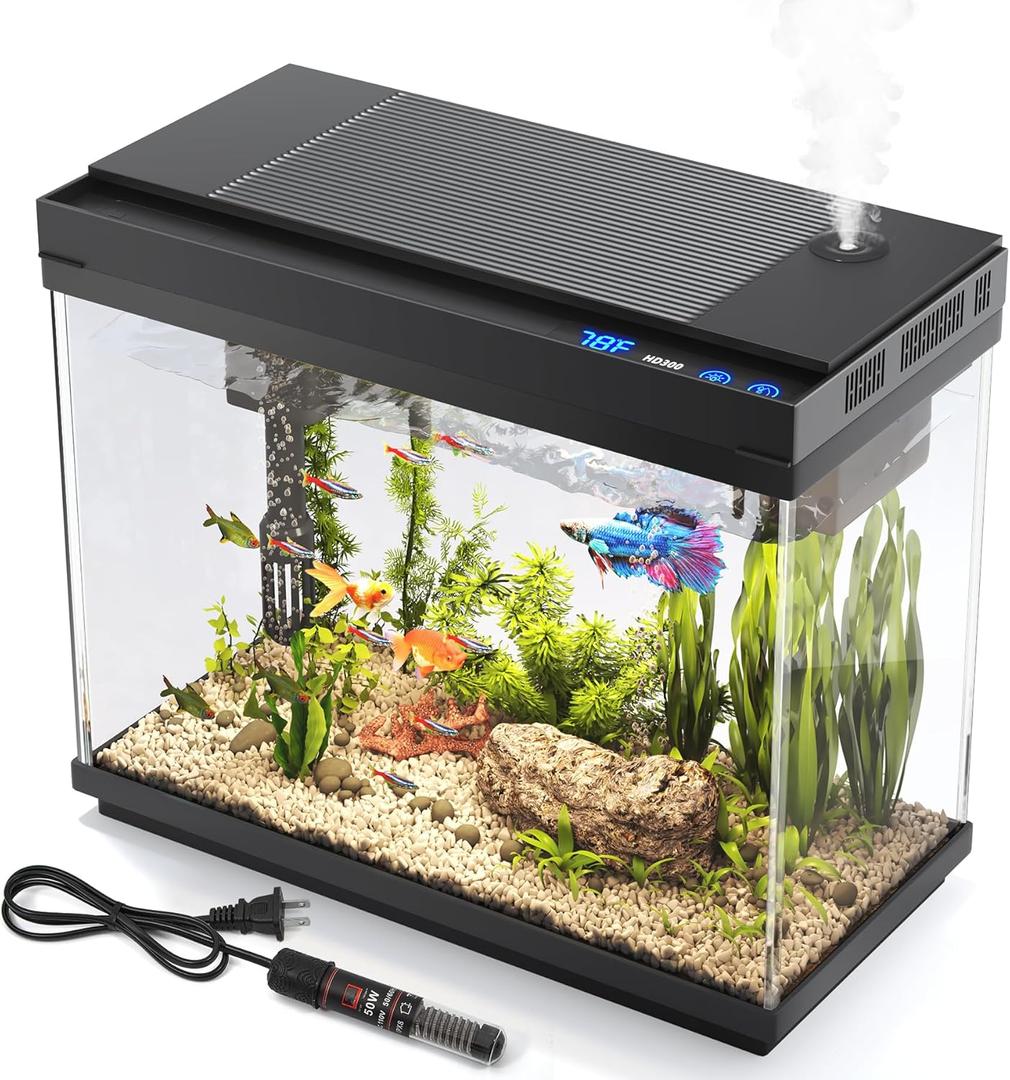 Fish Tank 2.4 Gallon Aquarium with Heater, 3-in-1 Silent Pump with Filteration & Oxygenation & Circulation, 7-Color Timer Cycle Light, Temperature Display, Humidifier, HD Glass Fish Bowl