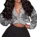 ThusFar Women Fashion Button Down Colorblock Cardigan Sweaters Fall Slim Crop Outwear Open Front Knit Coat Streetwear (Small, Typed-gray)