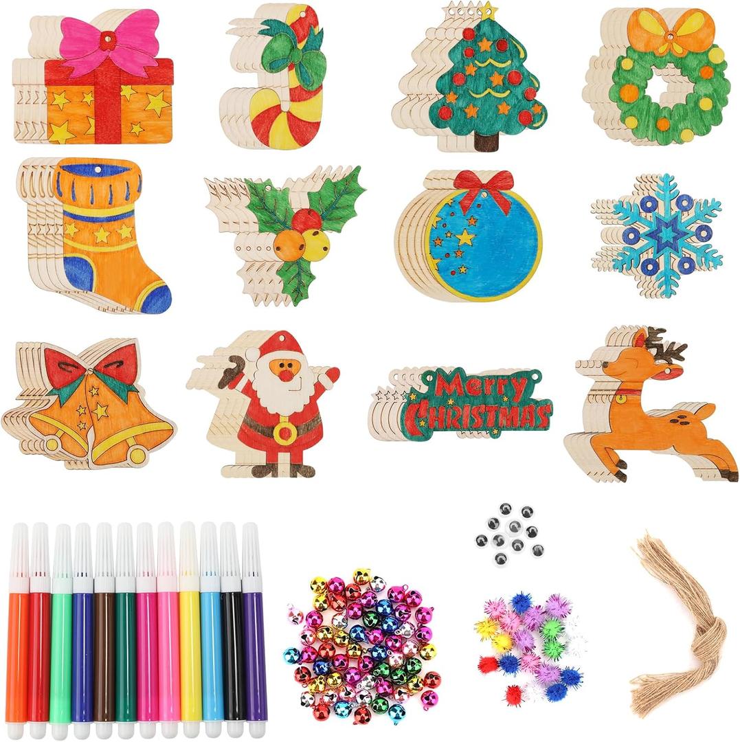 60pcs DIY Wooden Christmas Ornaments, Unfinished Wood Xmas Decorations Paintable Christmas Tree Ornaments for Christmas DIY Crafts