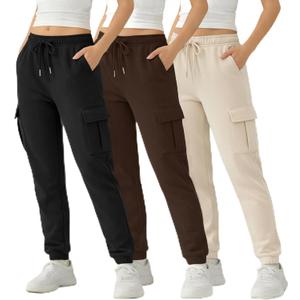 Common Stitch 3 Pack Fleece Cargo Joggers for Women 4 Pockets, Cuffed Ankle, Elastic Drawstring Waist (Brown, L)