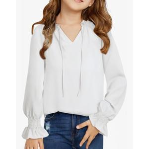Girls Cute Long Sleeve Chiffon Blouses 2025 Casual V Neck Smocked Cuffs Shirts Tops 9-13 Years
