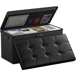 DocSafe Storage Ottoman Bench with Lock,Fireproof 30 Inches Folding Bench Foot Rest Stool Storage Chest Safe for Living Room,Bedroom,Home Office,Waterproof Leather Ottoman with Handles,Black