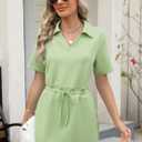Deer Lady 2025 Casual Summer T Shirt Dress for Women Drawstring Short Sleeve V Neck Mini Shift Dresses with Pockets (Green, S)
