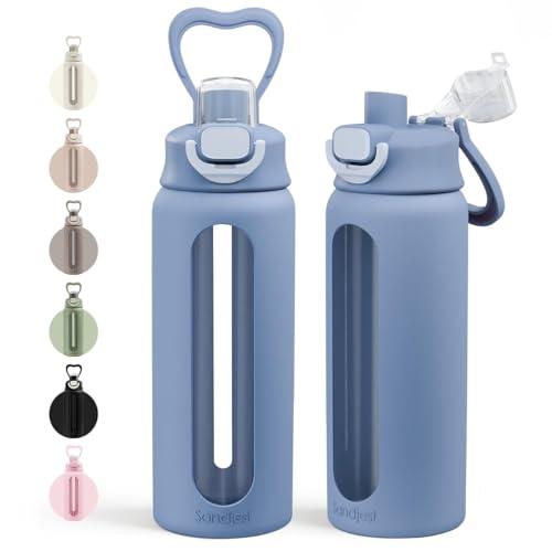 Glass Water Bottle with Silicone Sleeve 24oz with Lid, Motivational Time Marker, Drinking Hydration Glass Bottles for Men Women, Gym Travel Sports (Blue)