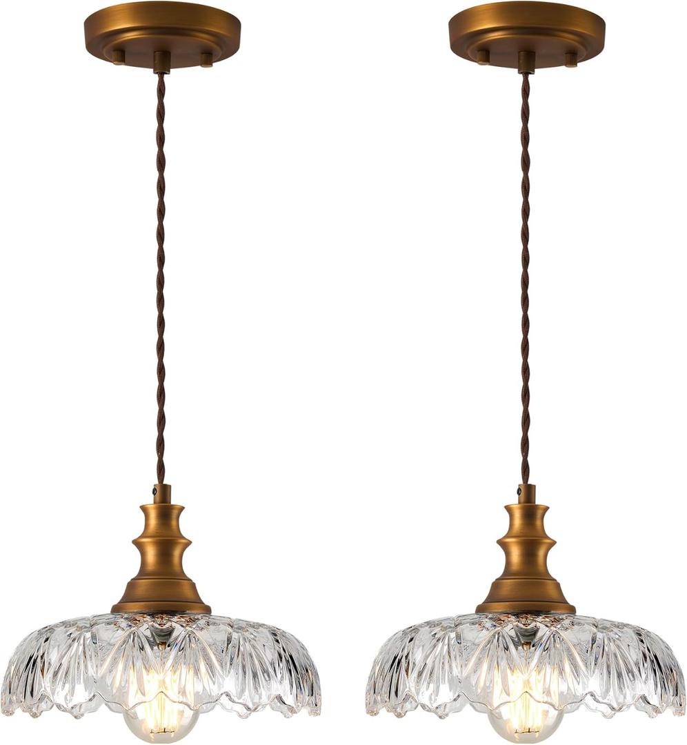 2 Pcs/Package Vintage/Antique Brass Glass Pendant Light Fixture Over Sink/Table for Kitchen Island,Farmhouse Gold Hanging Pendant Lights for Bedroom Hotel Dining Room (Clear)