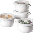 LE TAUCI French Onion Soup Bowls, 28 oz Ceramic Soup Crocks with Handles & Silicone Lids, Oven & Microwave Safe Containers for Meal Prep & Leftovers, Lead & Cadmium Free, Set of 4, White
