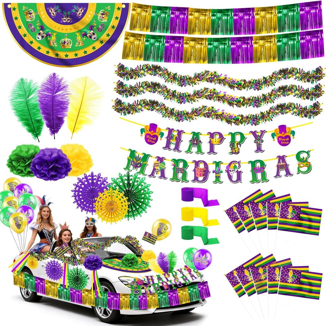 HOWAF 42pcs Mardi Gras Float Parade Car Decorations Kit, Purple Green Gold Mardi Gras Party Bicycle Decoration Bulk- Fan Flags Balloons Foil Curtain Tinsel Garlands Paper Fans Poms Feather