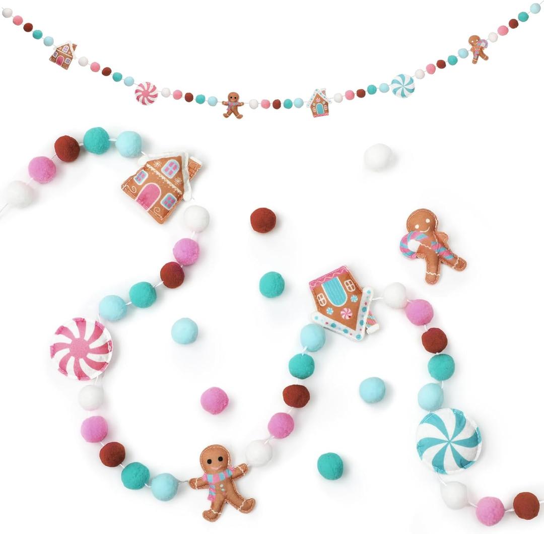 Newwiee Christmas Felt Garland 3D Felt Gingerbread Garland Hanging 8.2 ft Candy Pom Ball Banner for Christmas Holiday Playroom Mantel Wall Decoration