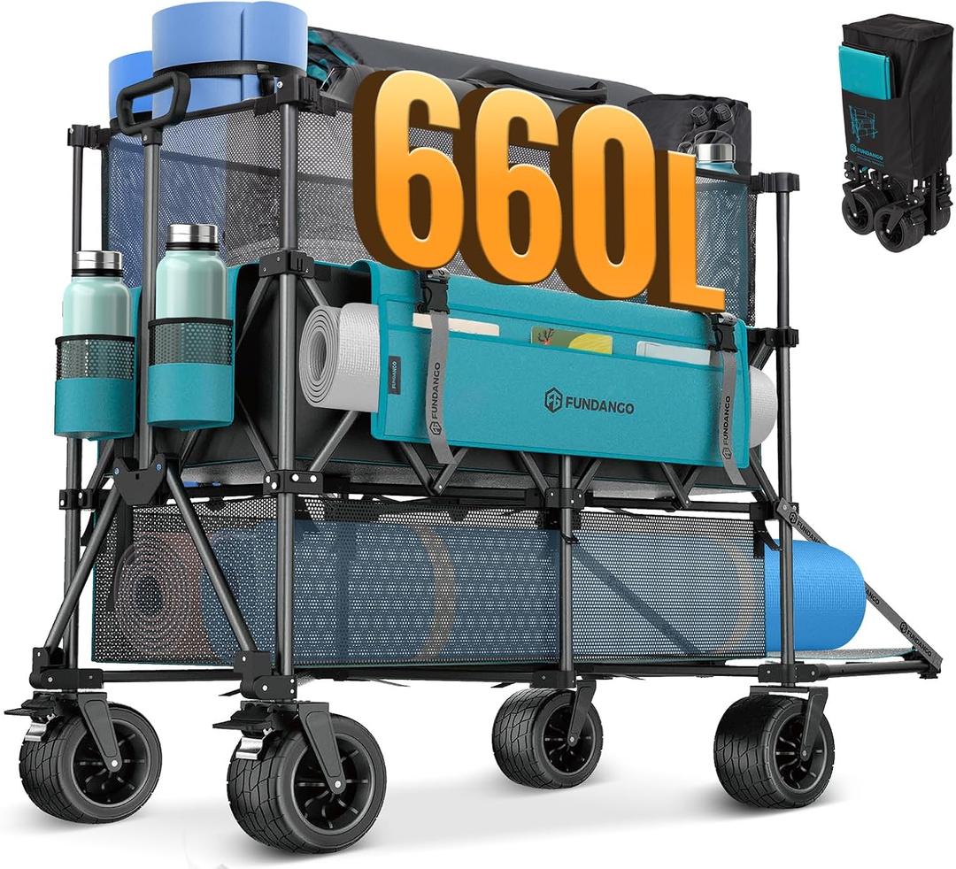FUNDANGO Double Decker Wagon with High Extender & Tailgate, 660L XXL Foldable Collapsible Double Wagons, Heavy Duty Grocery Cart with All-Terrain Wheels for Camping, Baseball/Softball Gear, Home