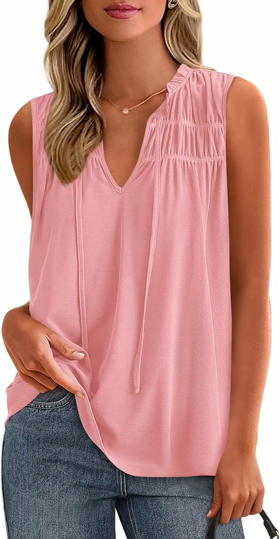 PRETTYGARDEN Womens Summer Tops Sleeveless V Neck Shirts Ruffle Loose Tank Top Smocked Work Flowy Dressy Casual Blouses (Medium, Pink)