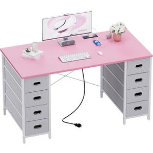 Pamray 47 Inch Computer Desk with 8 Fabric Drawers PC Gaming Desk Home Office Study Work Writing Table for Bedroom Pink