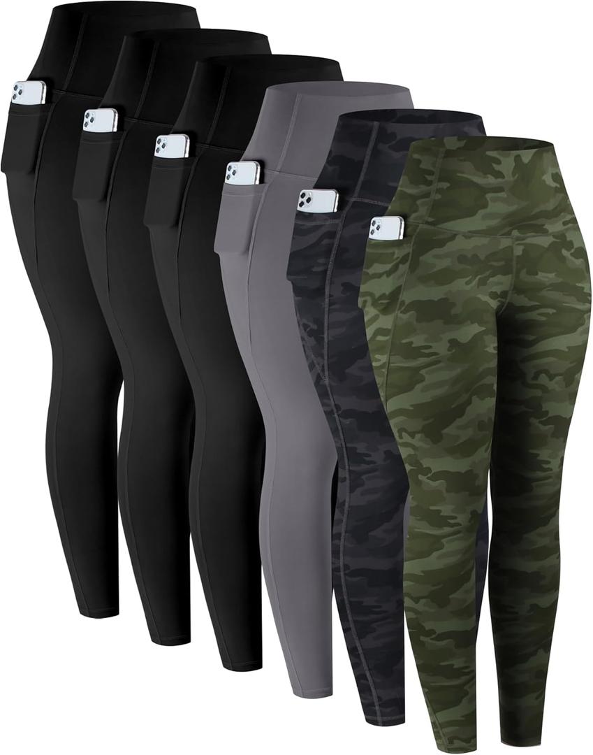 LZYVOO Leggings with Pockets for Women, 6 Packs Soft High Waisted Tummy Control Workout Yoga Pants (Large, Black,black,gray,camo Green,camo Gray)