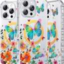 PIXIU Case for iPhone 16 Pro Compatible with Magsafe, Laser Glossy Pattern,Cute Curly Wave Clear TPU Bumper Military Grade Drop Protection Phone Cover for Women/Girls -Butterfly/Floral