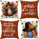 Thanksgiving Pillow Covers Gobble Til You Wobble Turkey Pumpkins Maple Leaves Throw Pillow Cases Set of 4 Fall Decorations for Farmhouse Home Bedroom Sofa Couch Outdoor Holiday Decor 18x18 Inch