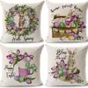 JOJOGOGO Easter Bunny Throw Pillow Covers 18x18 Set of 4 Hello Spring Outdoor Pillow Covers for Farmhouse Easter Rabbit Eggs Home Decor