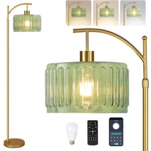 QIYIZM Glass Floor Lamp for Living Room,Bedroom,Gold Dimmable Standing Lamp with Remote,Mid Century Modern Brass Tall Lamp Boho Vintage Retro Floor Lamps Arc Green Flower Floor Light Lamp Bohemian