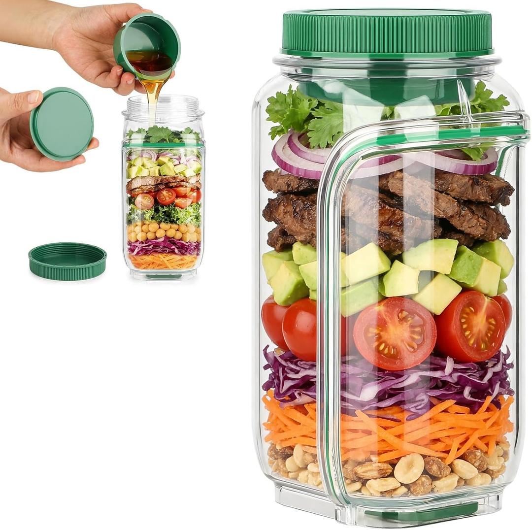 2026 New Side-Opening Salad Mason Jar, Upgrade Leak-Proof Portable Meal Prep Container with Dressing Compartment, Perfect for Home, Office & Travel Lunches (Green)