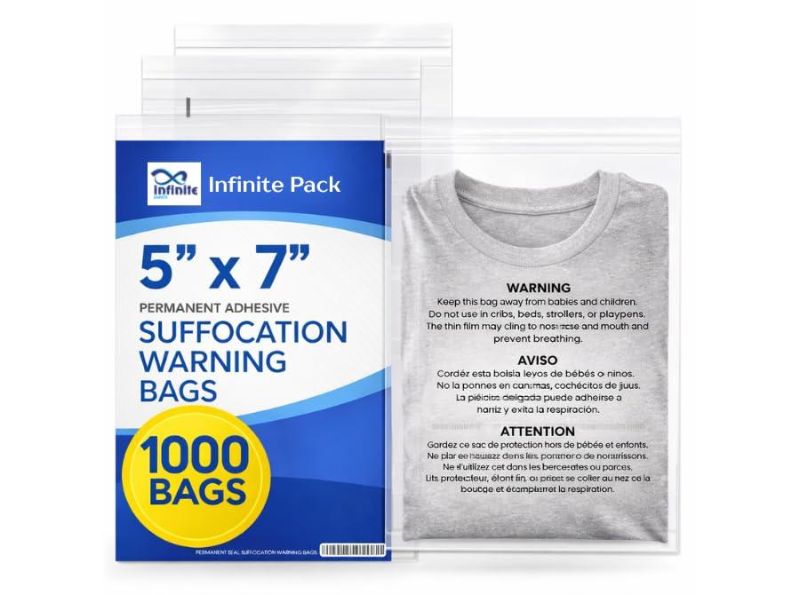 Infinite Pack 5 X 7 1000 CT Self Seal Clear Poly Bags with Suffocation Warning for Retail Packaging, Shipping Permanent Adhesive