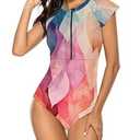 Wolddress Women Modest One Piece Bathing Suit Short Sleeve Tummy Control Swimsuit Zipper Surfing Athletic Rash Guard Colorful Leaves L