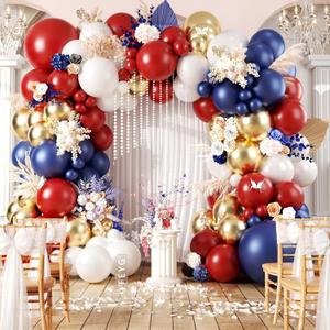 Red White Blue Balloon Arch, Double Stuffed Navy Blue Dark Ruby Red Balloon Garland Kit with Gold Metal Balloons for Baby Shower Birthday Patriot Veterans Day Party Decoration