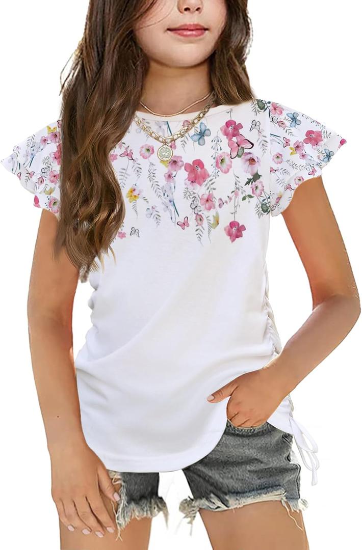 Arshiner Girls T Shirts Ruffle Sleeve Ruched Knot Side Soft Summer Tee Tops