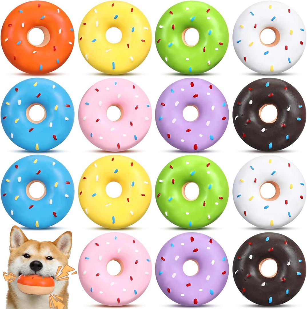 JellyArch 16 Pcs Latex Squeaky Dog Toys Donut Small Dogs Squeaky Chew Toys for Aggressive Chewers Soft Interactive Fetch Play No Stuffing Durable Teething Items for Small Puppy