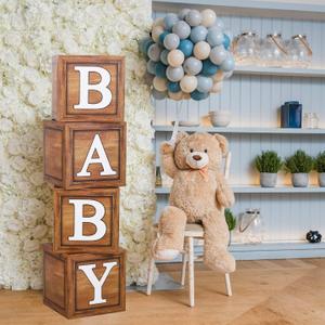 Baby Shower Boxes for Birthday Decorations  4 Wood Grain Brown BABY Balloon Boxes, Baby Boxes for First Birthday Centerpiece Decor, Teddy Bear Baby Shower Supplies, Gender Reveal Backdrop