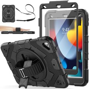 SEYMAC stock Case for iPad 9th/ 8th/ 7th Generation 10.2’’ with Meshdesign, Screen Protector Pen Holder [360° Rotate Hand Strap] &Stand, Shockproof Case 10.2 inch 2021/2020/2019 (Black)