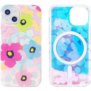 Magnetic Case for iPhone 13 Mini 5.4 inch Compatible with MagSafe Charging Soft TPU Bumper Slim Shockproof Protective Cute Cover (Holographic Pink Blue Flowers)