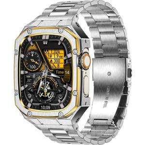 Stainless Steel Watch Band with Case Compatible with Apple Watch Ultra 3 2 1 band (49mm), Rugged Strap with Metal Protective Bumper Cover for iWatch Bands Men (Silver/Gold)