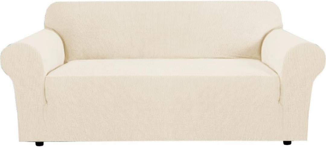 H.VERSAILTEX Stretch Couch Covers for Sofa 1 Piece Slipcovers for Couches and Sofas 3 Seater Couch Cover Feature Thick Checked Jacquard Fabric with Elastic Bottom, 72"-88" Wide, Cream