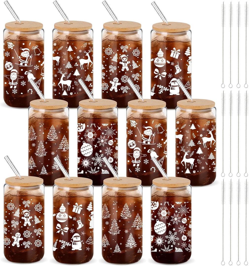 12 Pack Winter Glass Cups Gifts 16 oz Snowflake Glass Tumblers with Lids Straws Brushes Winter Christmas Coffee Cups for Women Men Employee Coworkers Holiday Party Favors (Fresh Style)